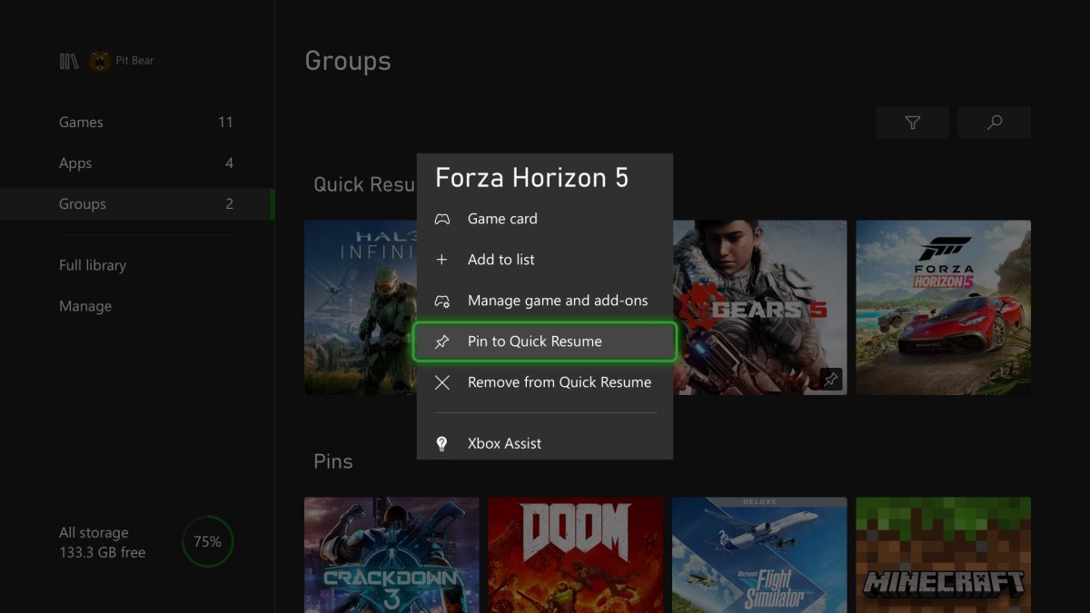 Xbox Update: Pin to Quick Resume