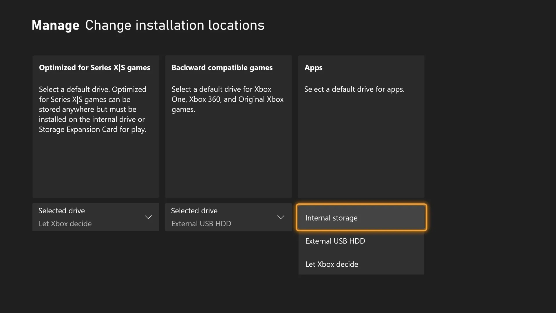 Manage storage locations for your games and apps