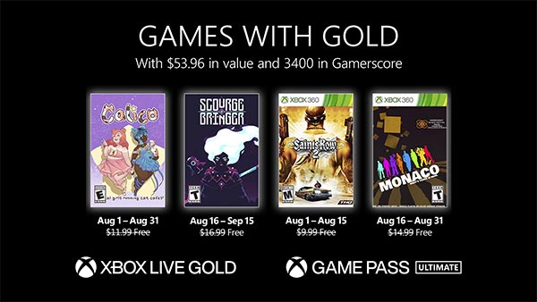Games with Gold for August 2022 includes Calico, ScourgeBringer, Saint’s Row 2 & Monaco: What’s Yours is Mine