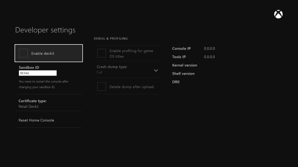 Debug setting. Developer Setup. DEVKIT Theme. List of PHYSX titles including titles for game Console.
